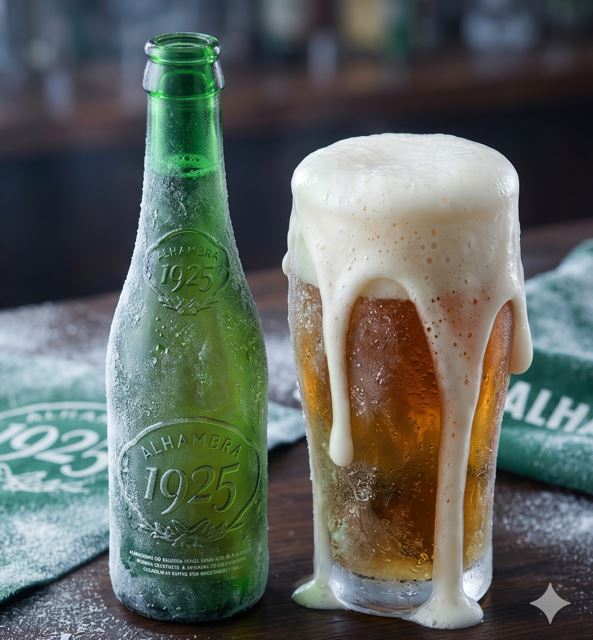 Alhambra Reserva 1925 helada con espuma desbordante